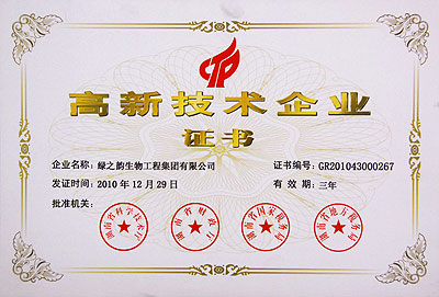 綠之韻集團(tuán)榮獲國家科技部“高新技術(shù)企業(yè)”稱號